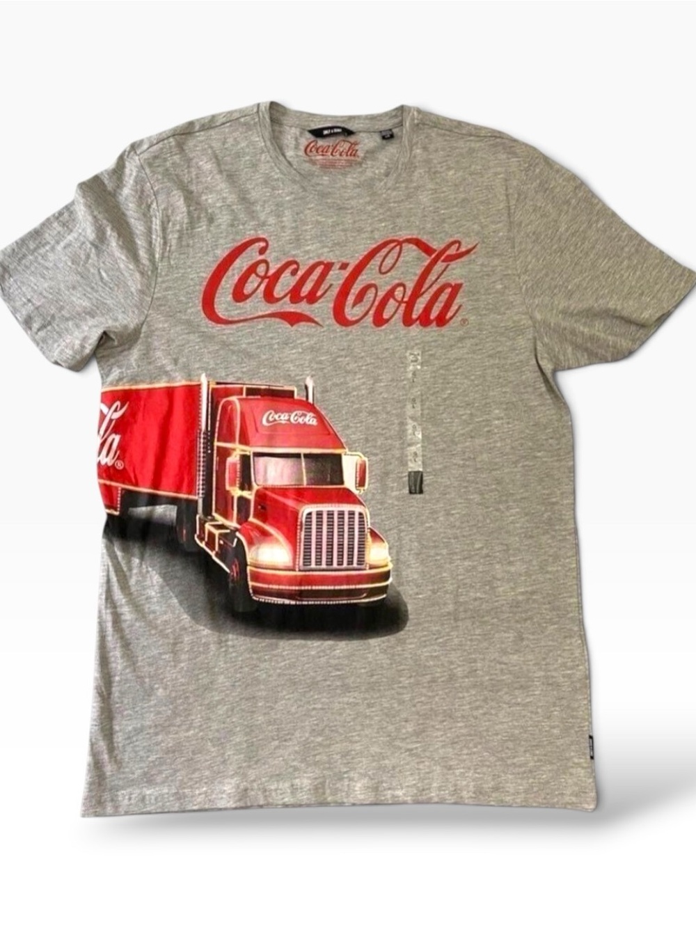 Only & Sons for Simons Coca Cola trucker t-shirt grey red truck scoop neck Large
